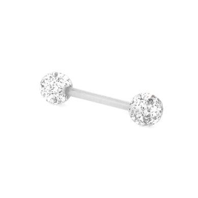 Tungepiercing i bioplast med glimmerflager