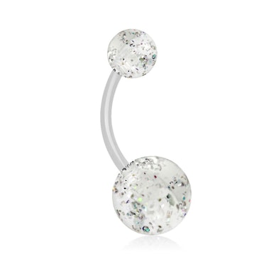 Navlepiercing af akryl med glimmerkugler