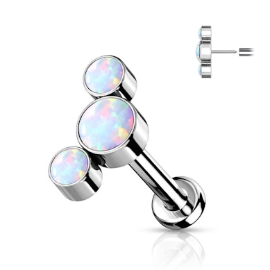 Labret af titanium med push-in top i forskellige farver indfattet opalsten