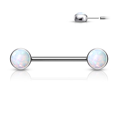 Brystpiercing af titanium med push-in opal i enderne