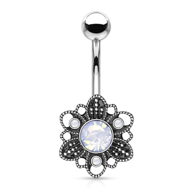Navlepiercing med oxideret blomst og opalite