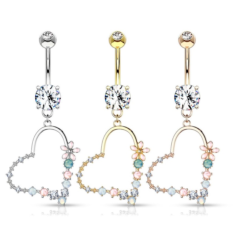 Navlepiercing med hjerte dekoreret med blomst og sten af opalite. Kropspiercing - Danmark