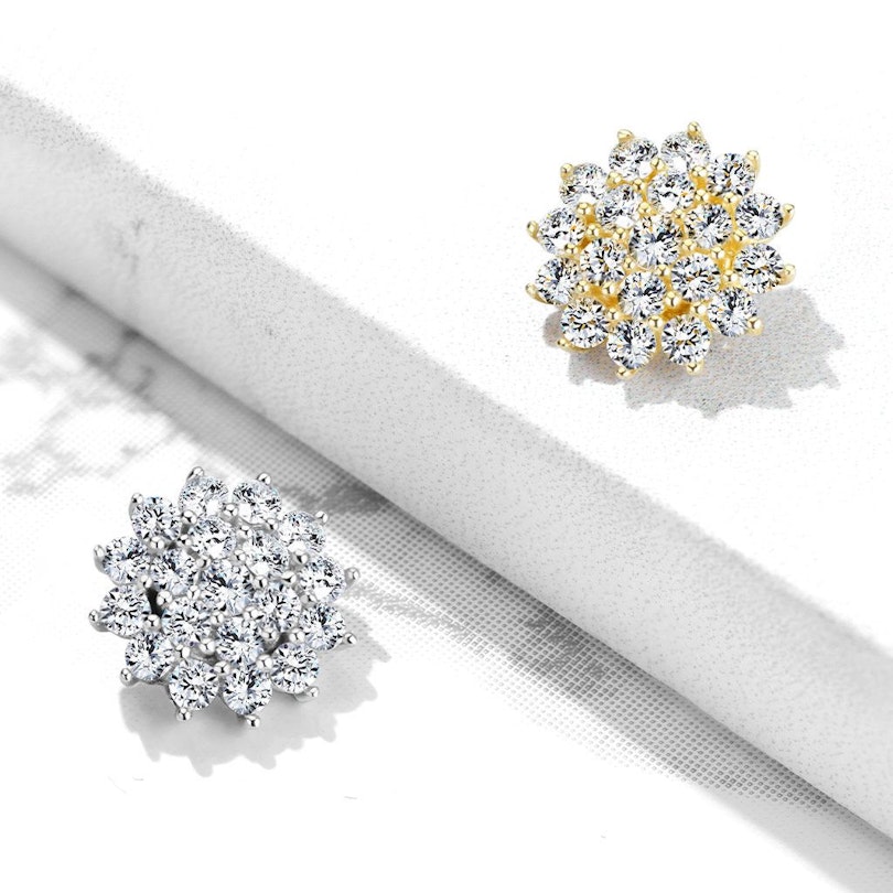 Dermal af 14 karat guld med stenbesat blomst Piercingsmykker - Danmark