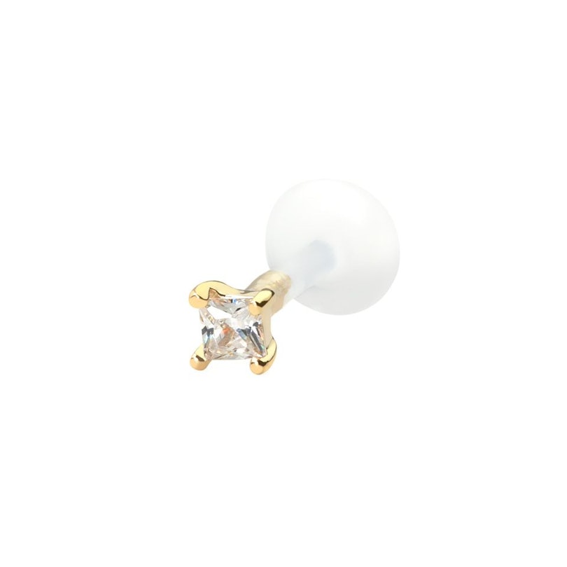 Labret af 14 karat guld med firkantet sten og ptfe stav Kropspiercing - Danmark