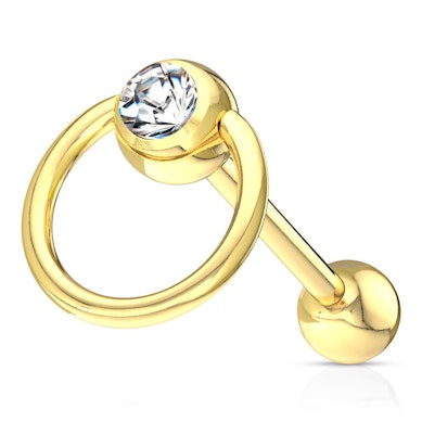 Guldbelagt tungepiercing med ring og klar sten
