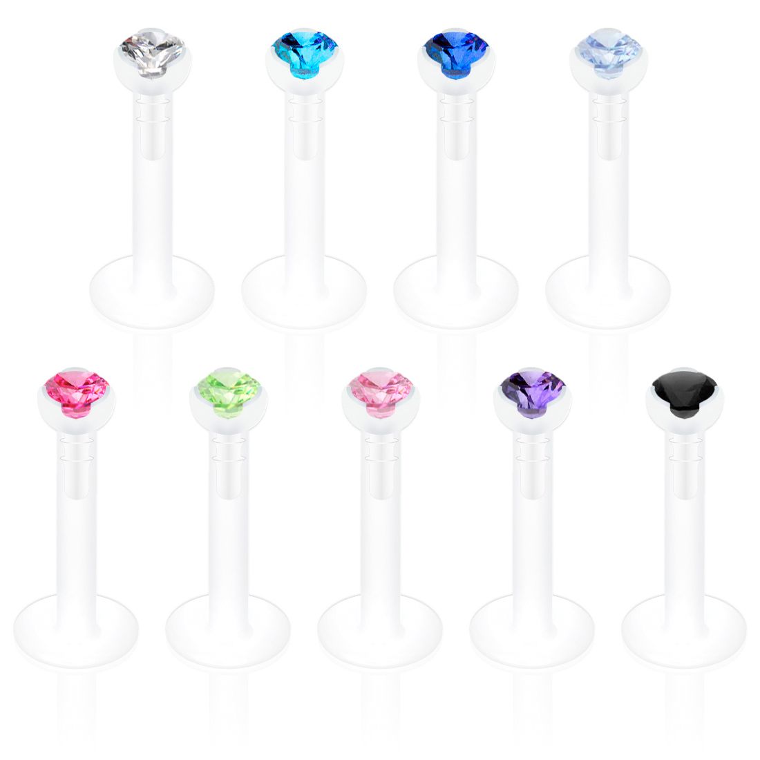 Labret i ptfe med sten i mange forskellige farver