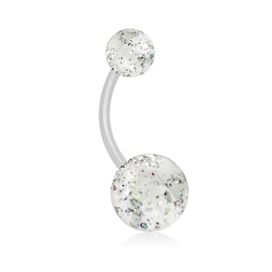 Navlepiercing af akryl med glimmerkugler