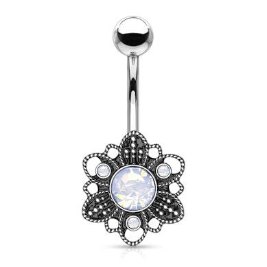 Navlepiercing med oxideret blomst og opalite