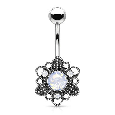 Navlepiercing med oxideret blomst og opalite