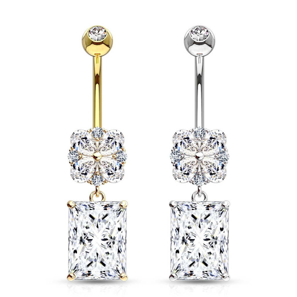 Navlepiercing af 14 karat guld med blomst og firkantet sten Piercing - Danmark