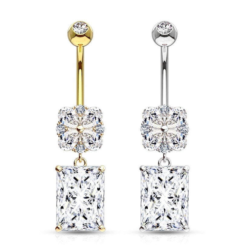 Navlepiercing af 14 karat guld med blomst og firkantet sten Piercing - Danmark