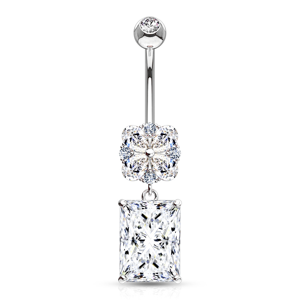 Navlepiercing af 14 karat guld med blomst og firkantet sten Piercingsmykker - Danmark