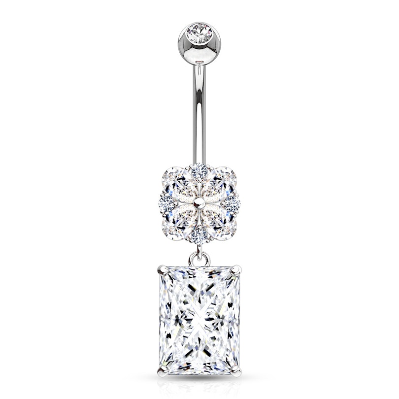 Navlepiercing af 14 karat guld med blomst og firkantet sten Piercingsmykker - Danmark