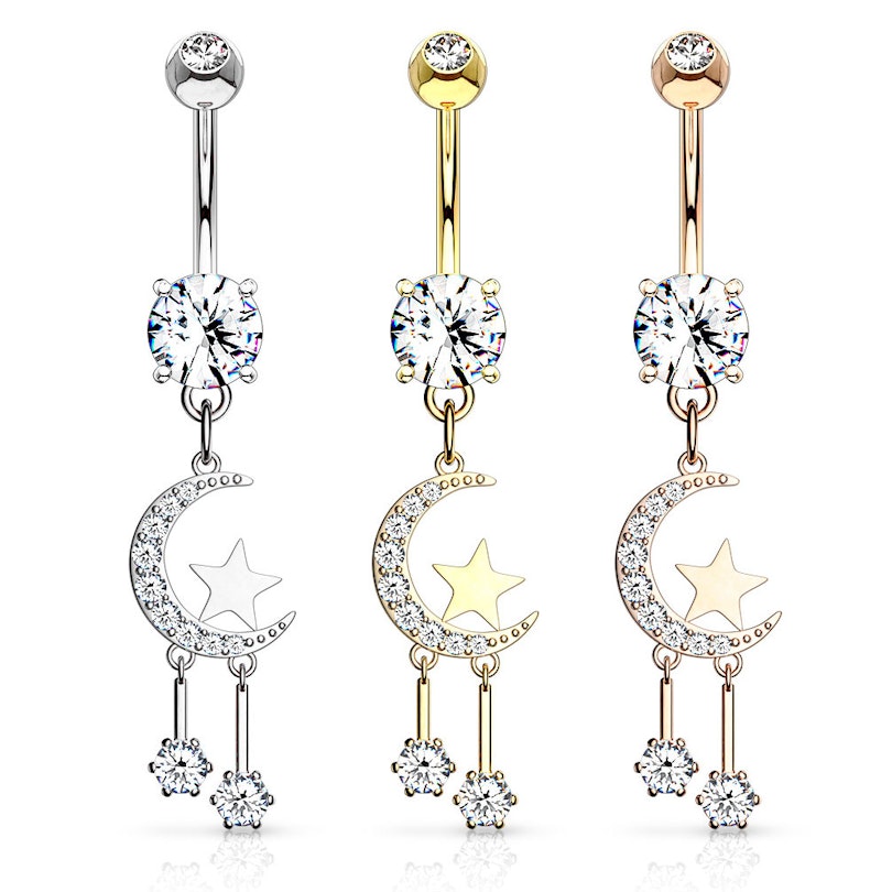 Navlepiercing med måne og stjerne i vedhæng Piercingsmykker - Danmark