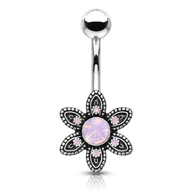 Navlepiercing med blomst og runde sten af opalite