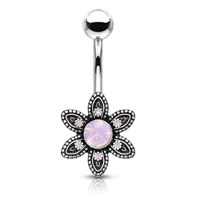 Navlepiercing med blomst og runde sten af opalite
