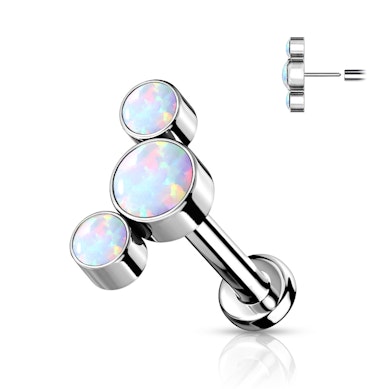 Labret af titanium med push-in top i forskellige farver indfattet opalsten