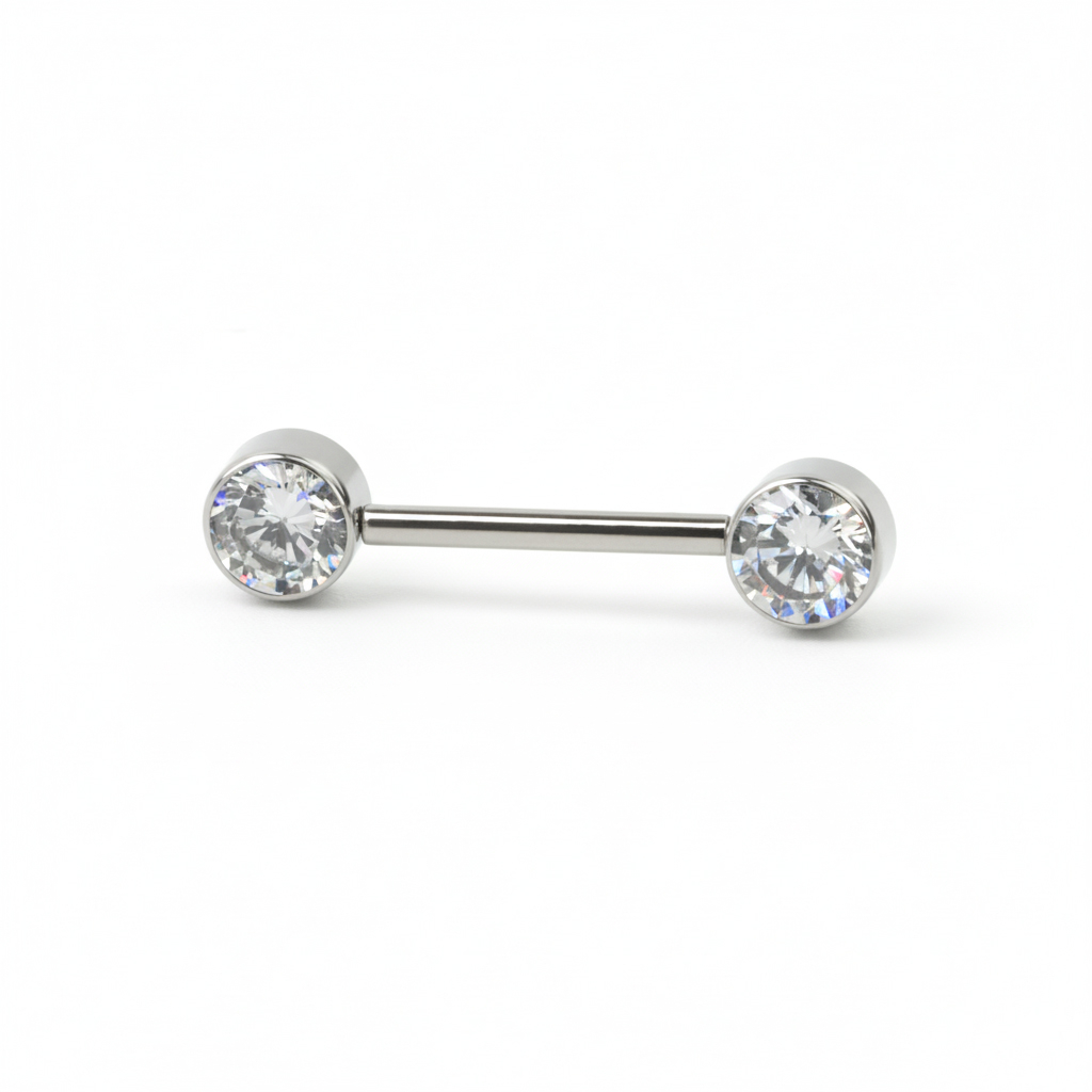 Brystpiercing af titanium med push-in ender i forskellige farver