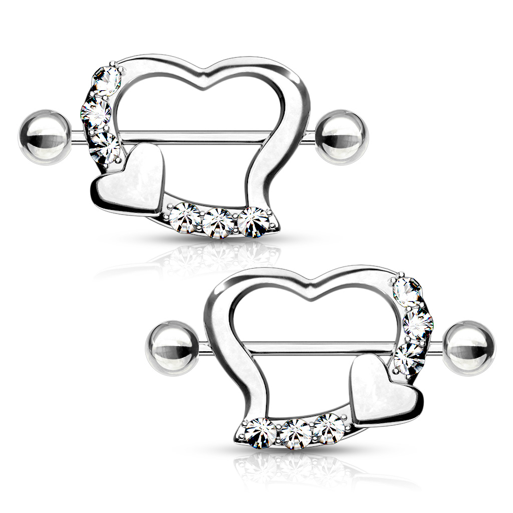 To nipple-skjolde med hjerteform og sten-Klar Kropspiercing - Danmark