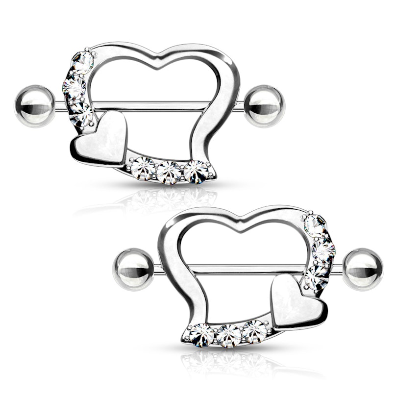 To nipple-skjolde med hjerteform og sten-Klar Kropspiercing - Danmark