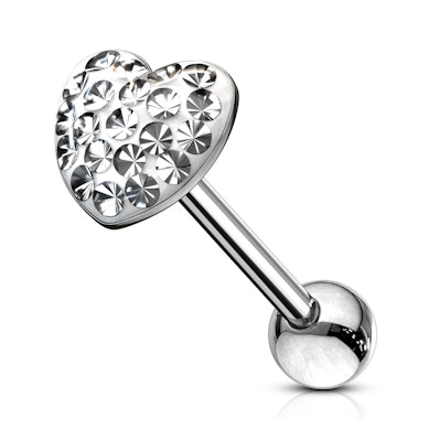 Tungepiercing med stenbesat hjerteformet kugle