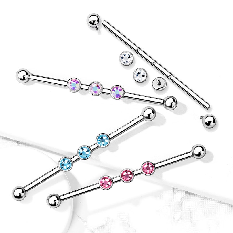Industrial stav med 3 sten og internt gevind Kropspiercing - Danmark