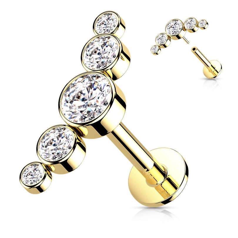 Push-in labret lavet af 14 karat guld med 5 sten Piercingsmykker - Danmark