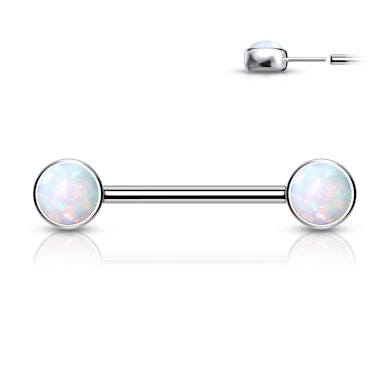 Brystpiercing af titanium med push-in opal i enderne