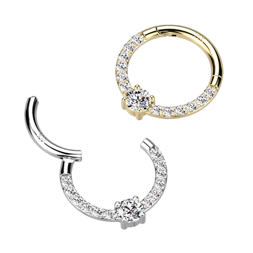 Stenbesat ring af 14 karat guld med hængsel og rund centersten Piercing - Danmark