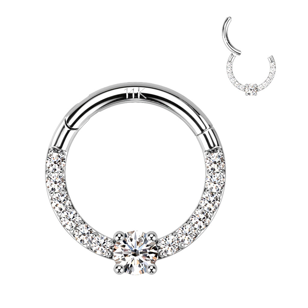 Stenbesat ring af 14 karat guld med hængsel og rund centersten Kropspiercing - Danmark