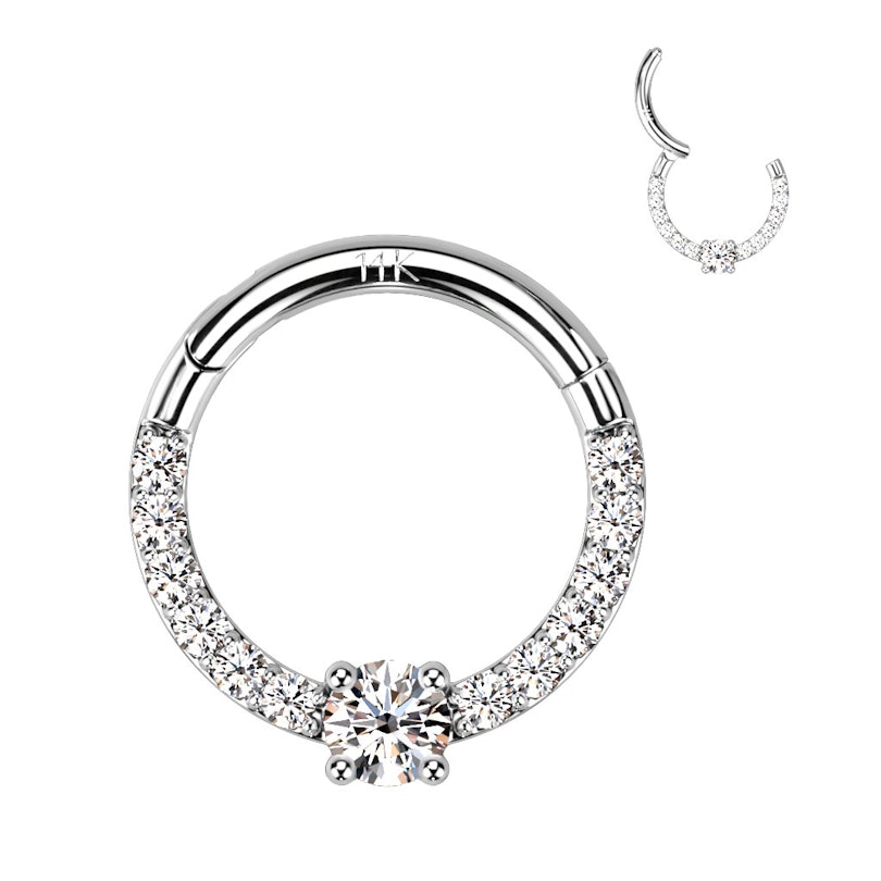 Stenbesat ring af 14 karat guld med hængsel og rund centersten Kropspiercing - Danmark