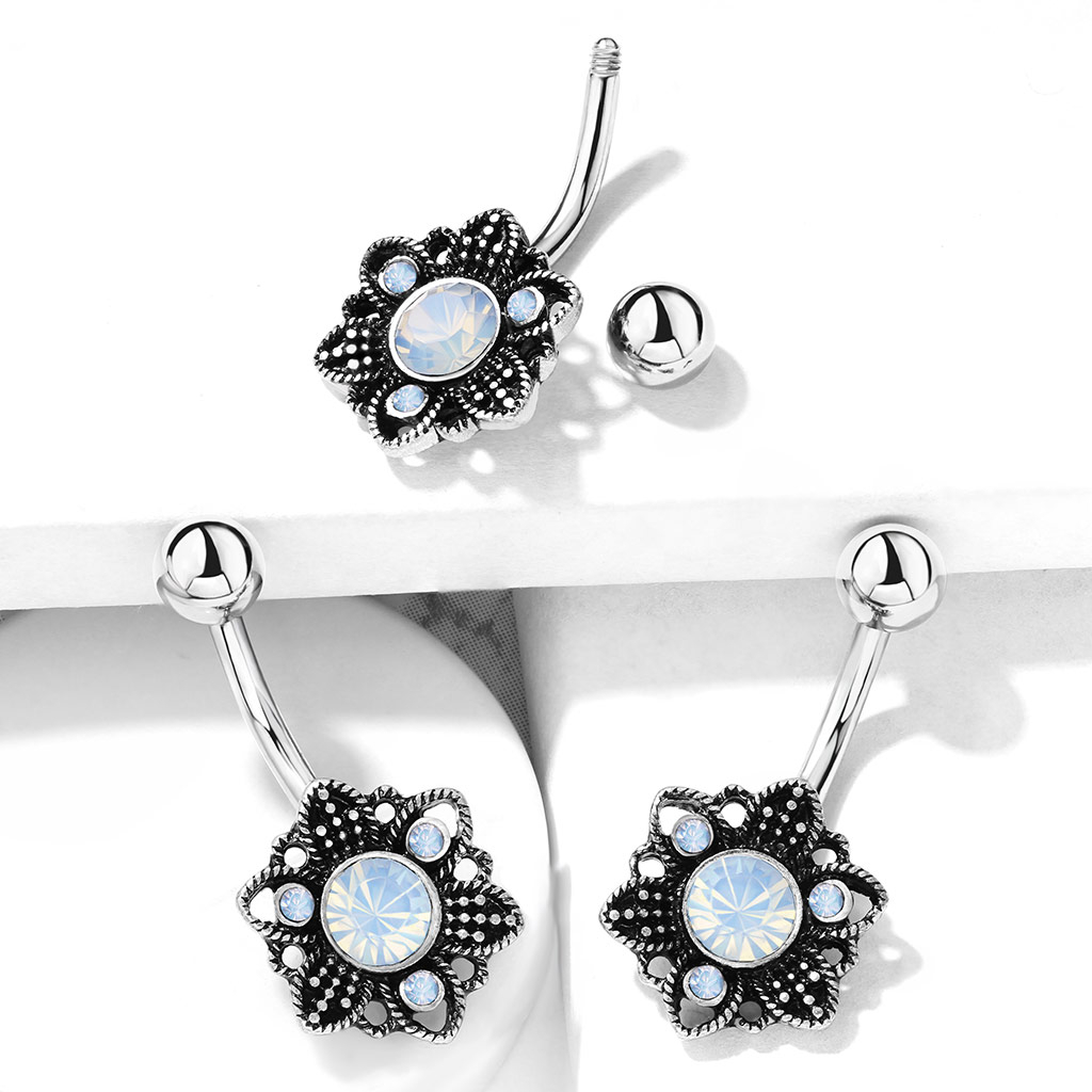 Navlepiercing med oxideret blomst og opalite
