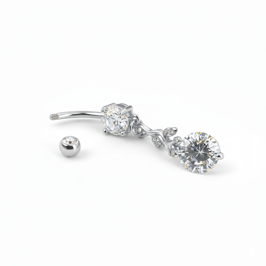 Navlepiercing med forgrenet vedhæng og sten