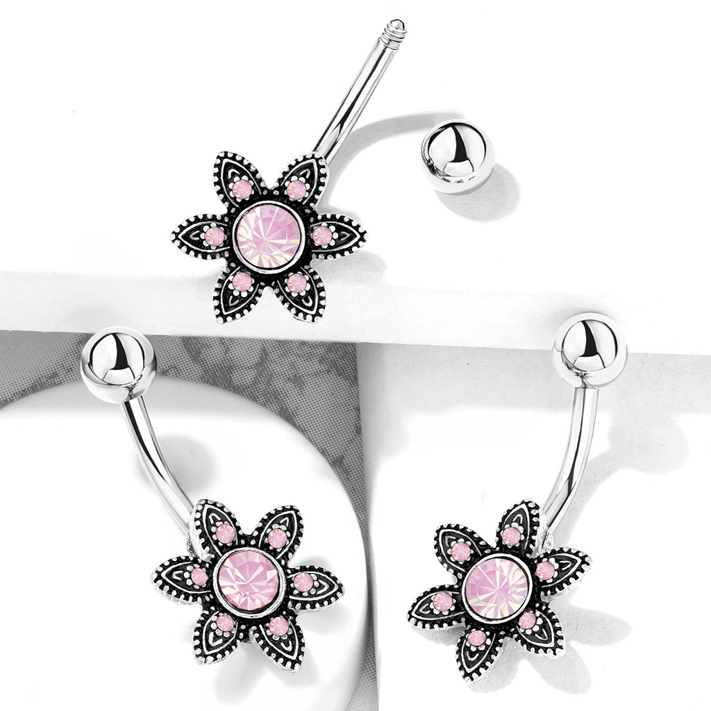 Navlepiercing med blomst og runde sten af opalite
