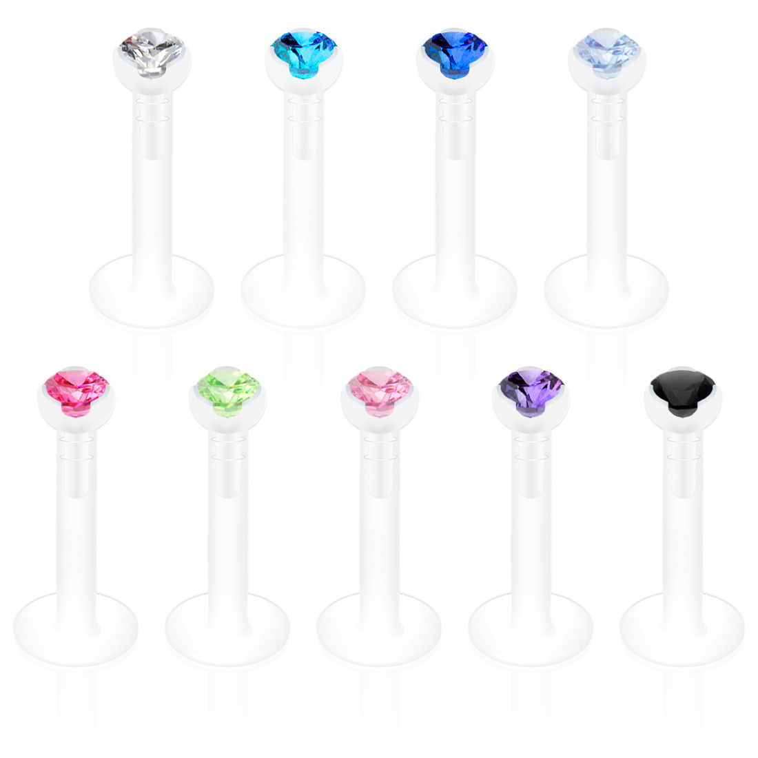 Labret i ptfe med sten i mange forskellige farver