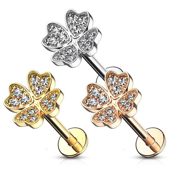 Labret med stenbesat firkløver og indvendigt gevind