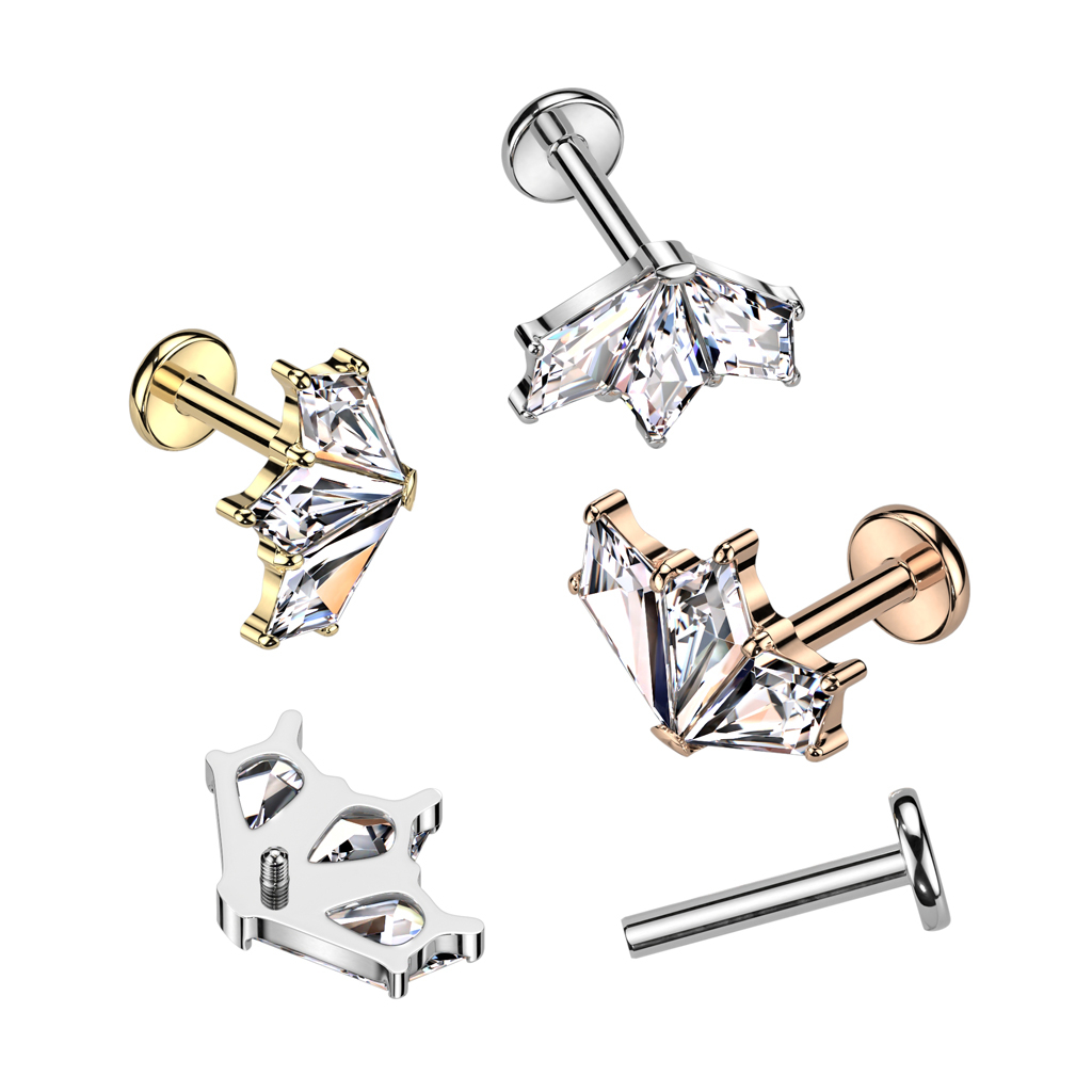 Labret af titanium med trio af sten i vintage viftedesign