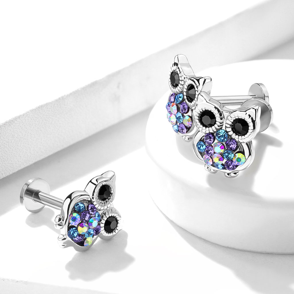 Labret med stenbesat ugle og indvendigt gevind