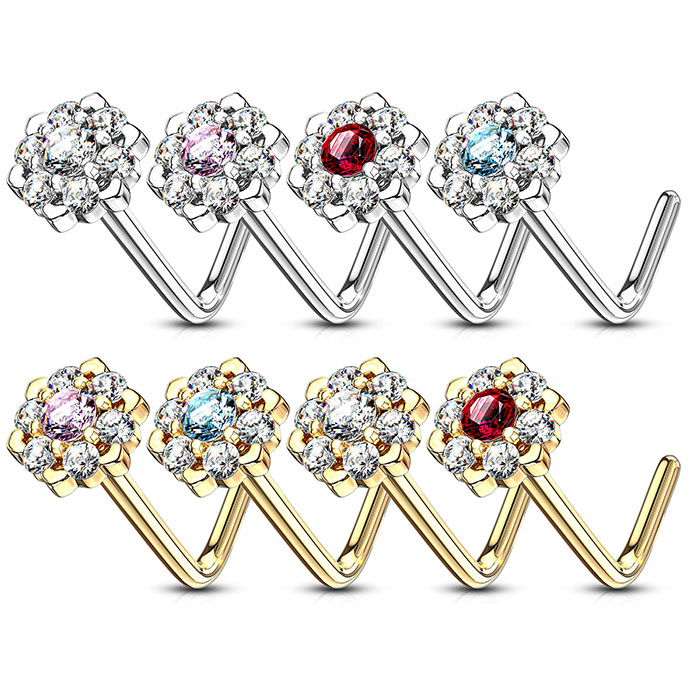 Næsepiercing af 14 karat guld med stenbesat lotusblomst