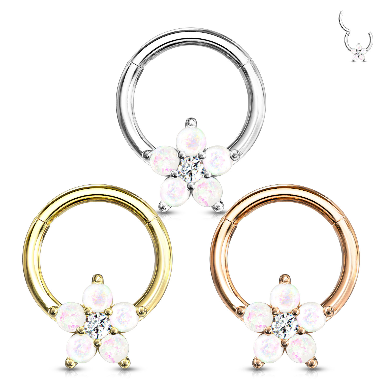 Ring med hængsel og blomst af opaler