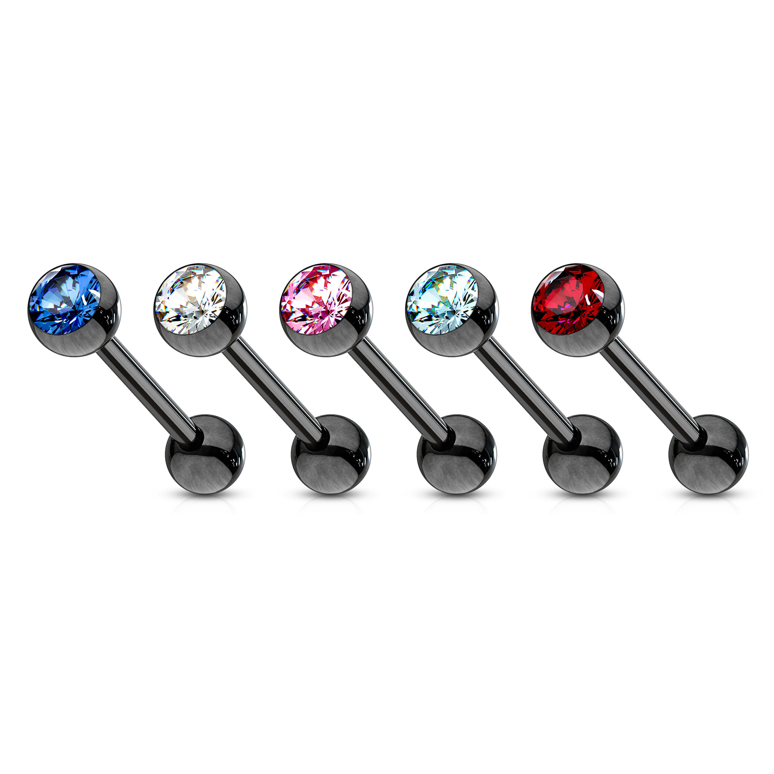 Sort tungepiercing med forskellige farver sten