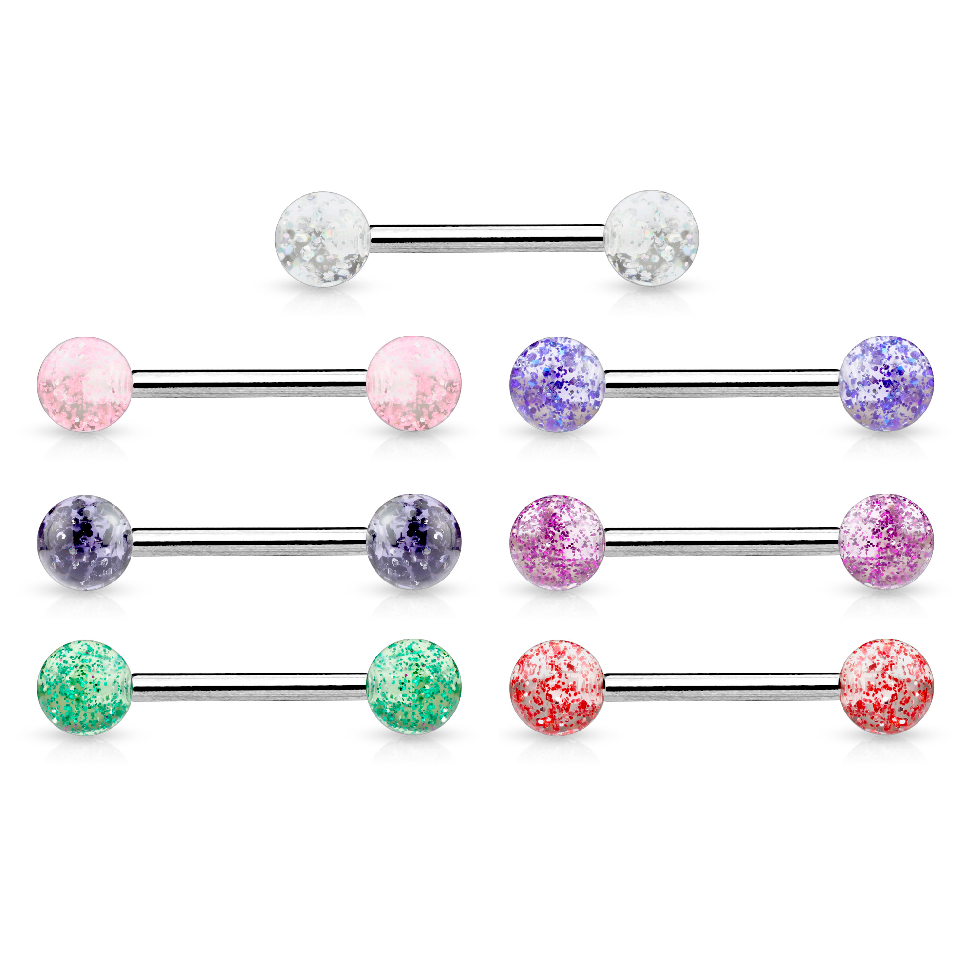 Tungepiercing af titanium med glimmerkugler