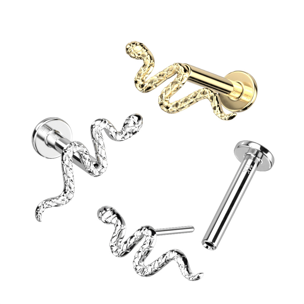 Push-in labret af 14 karat guld med detaljeret slange