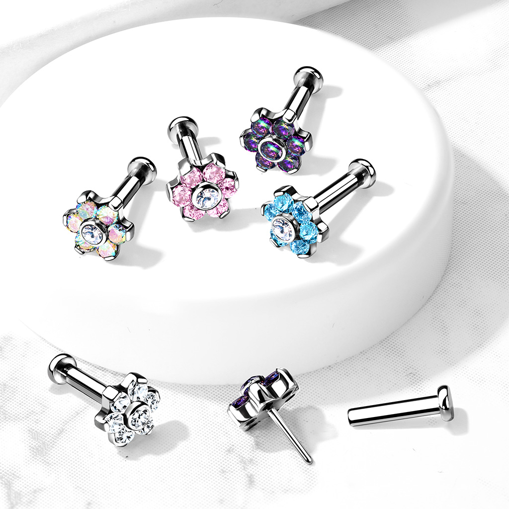 Labret af titanium med push-in blomst af sten